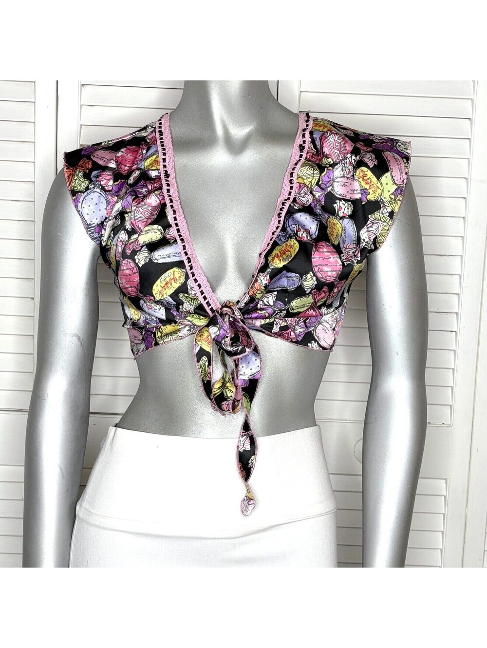 Chantal Thomass Victoria's Secret Candy Print Tie Front Crop Top S Black Pink